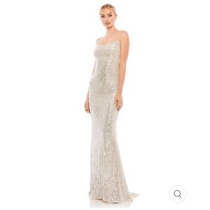Mac Dougal Stretch Sequin Lace Up Back Evening Gown- Nude/Silver 4
